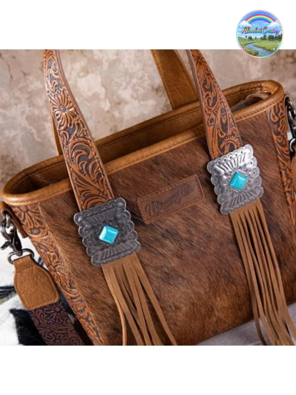 Western Tooled Cowhide Tote Handbag with Fringe & Turquoise Concho